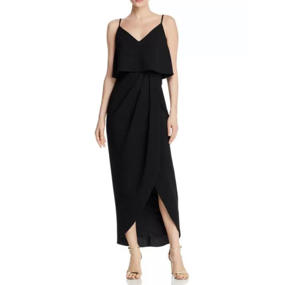 AQUA Crepe High-Low Hem Midi Sleeveless V-Neck Cocktail Dress Black Size 8